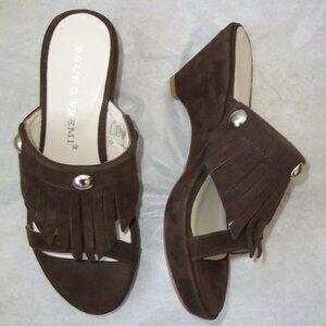 BRUNO PREMI Brown Suede Fringe Wedge Sandals Shoes 36 6